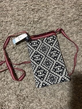 Crossbody Phone Bag with Black & White Geometric Knit Pattern and Red Strap